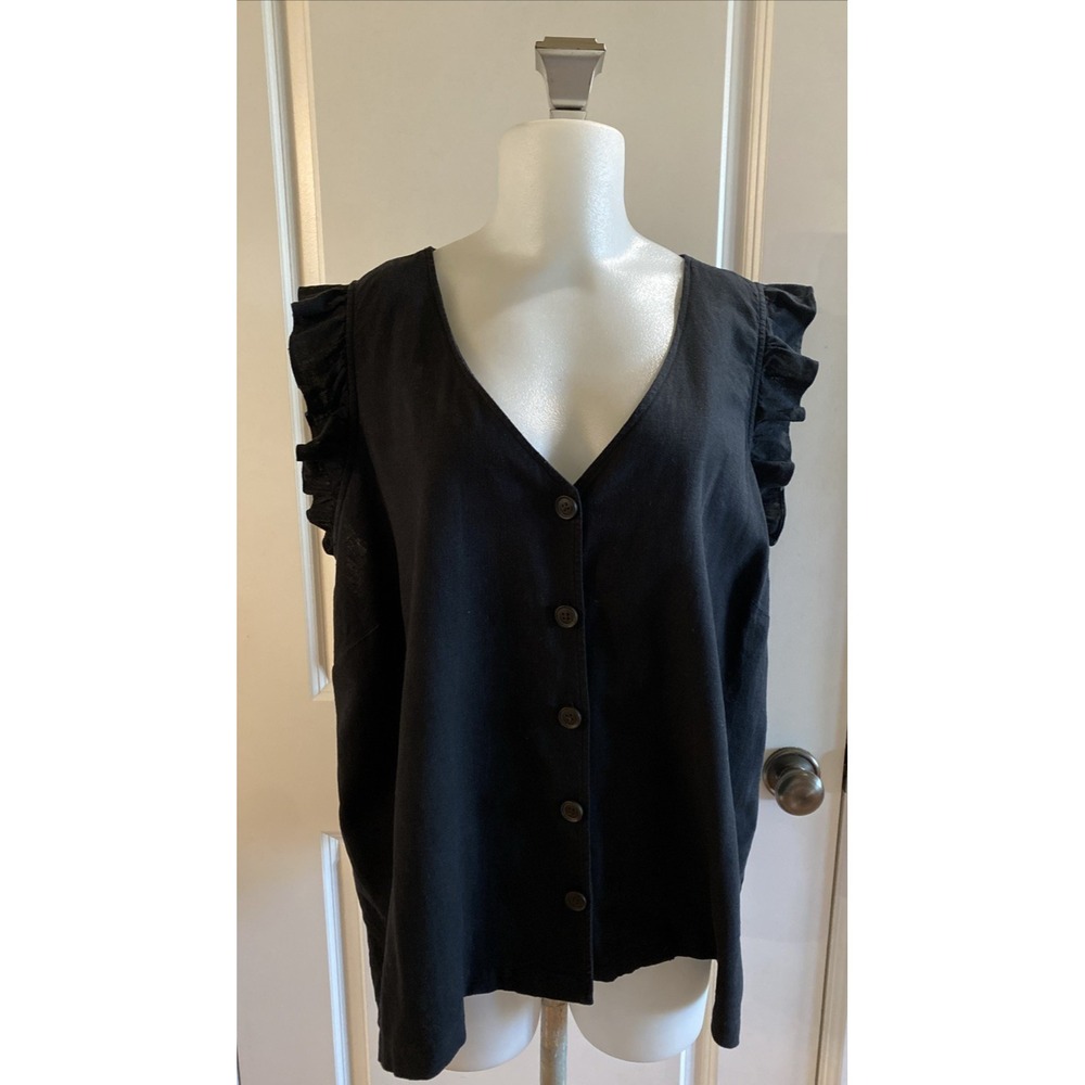 MADEWELL Black Linen Blend Womens Size 16 Sleeveless Ruffled Button Cropped